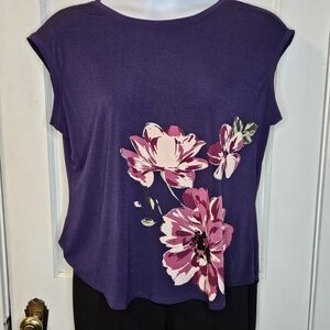 Elle Purple With Floral Graphic Women's Top - Size Large